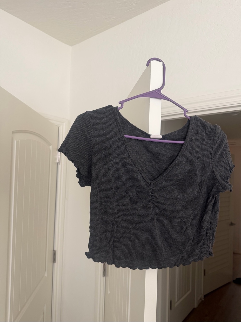 Charcoal Ribbed V-Neck Crop Top